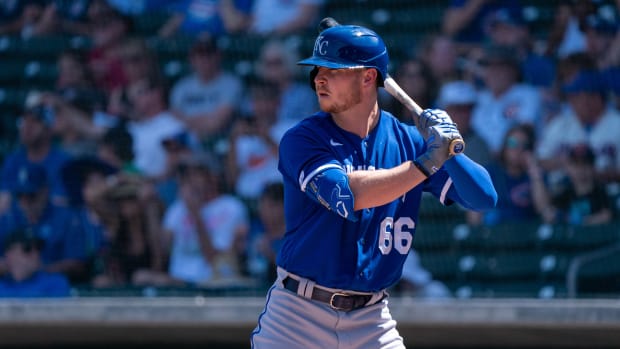 Mar 27, 2022; Mesa, Arizona, USA; Kansas City Royals outfielder Ryan O'Hearn (66) at bat in the first inning during a spring training game against the Chicago Cubs at Sloan Park. Mandatory Credit: Allan Henry-USA TODAY Sports